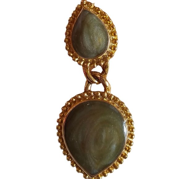 Vintage Green Shimmer Swirl Tear Drop Dangle Cabochon Gold Tone PIERCED - Picture 2 of 5
